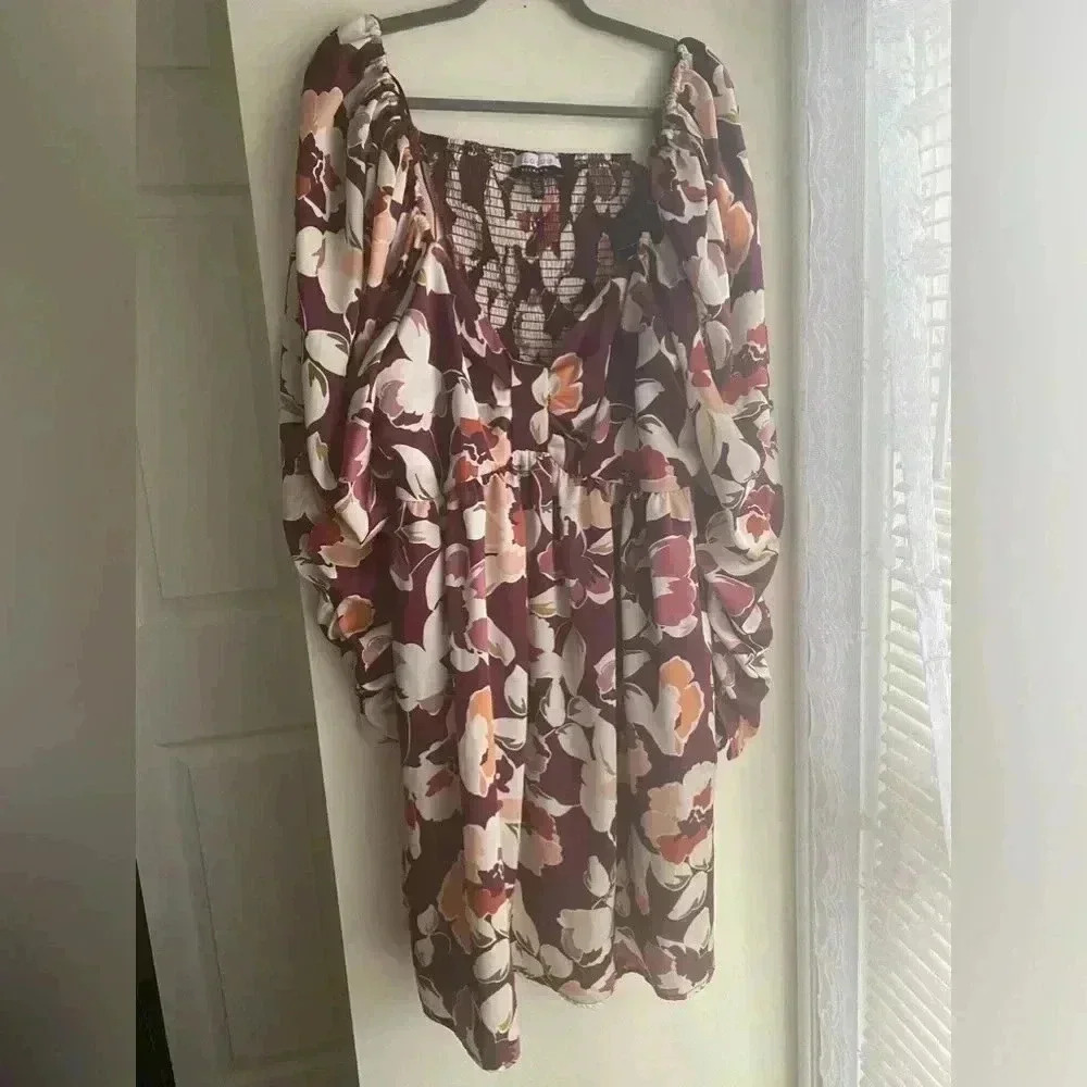 Eloquii Elements Floral Mini Dress Bow Bodice Puff Long Sleeve Sweetheart Neck - Picture 2 of 11
